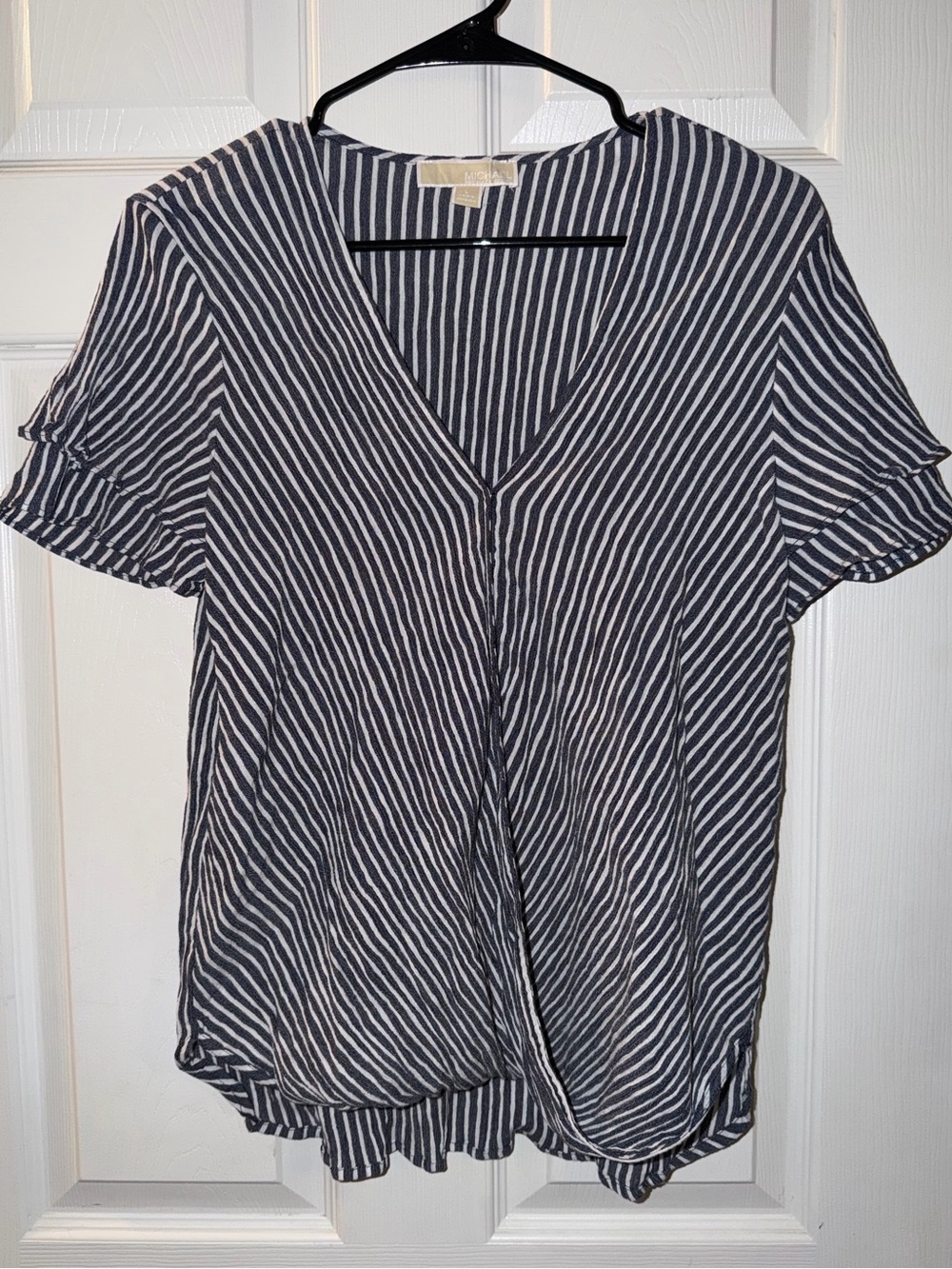 Michael Kors Navy and White Striped Faux-Wrap V-Neck Blouse